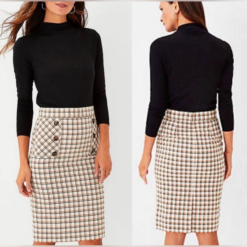 Ann Taylor Plaid Fall Button Pencil Skirt
